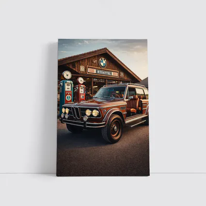 Vintage BMW SUV Retro Gas Station Scene