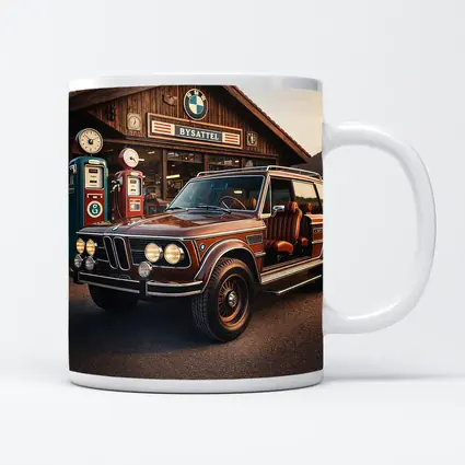 Vintage BMW SUV Retro Gas Station Scene