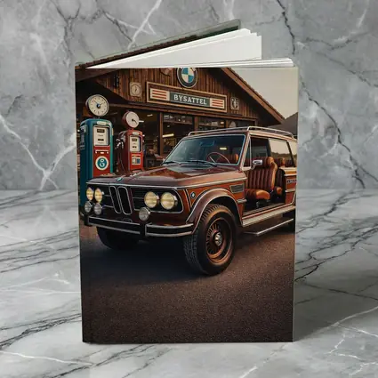 Vintage BMW SUV Retro Gas Station Scene