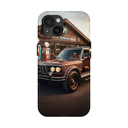 Vintage BMW SUV Retro Gas Station Scene