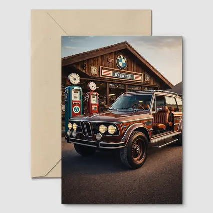 Vintage BMW SUV Retro Gas Station Scene