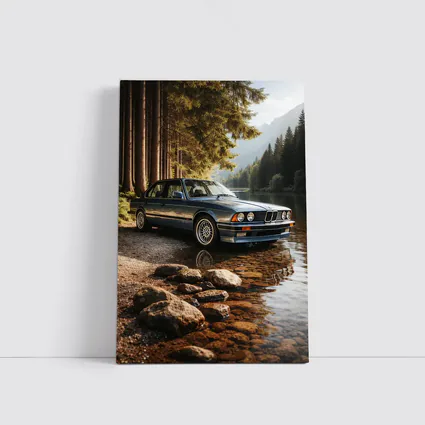 Vintage BMW Sedan Parked By Mountain Lake