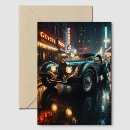 Vintage Bugatti Classic Car Rainy Night City