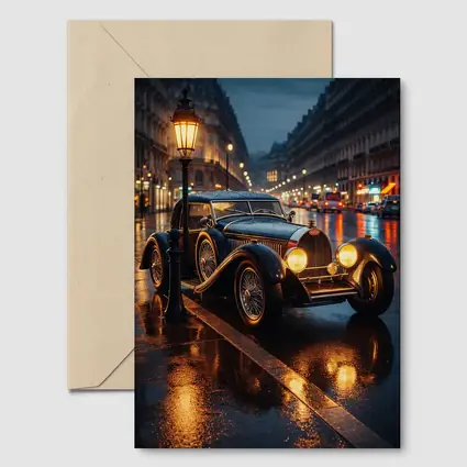 Vintage Bugatti Rainy Night City Street
