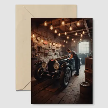 Vintage Bugatti Classic Garage Mechanic Scene
