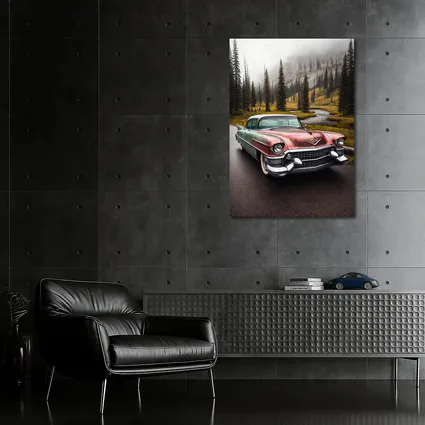 Vintage Cadillac Classic Car Misty Forest Road