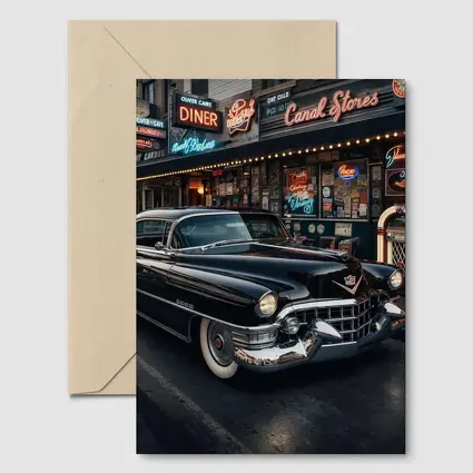 Black Cadillac Parked Outside Retro Diner
