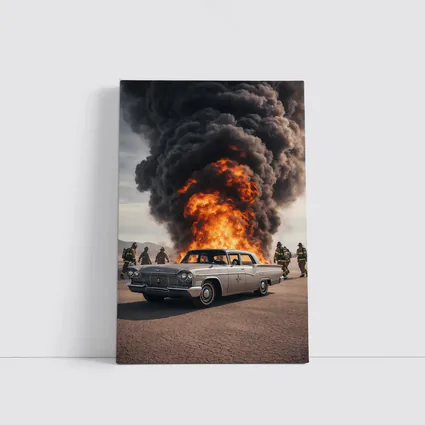 Vintage Chrysler Car Explosion Desert Scene