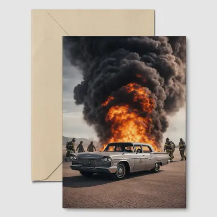 Vintage Chrysler Car Explosion Desert Scene