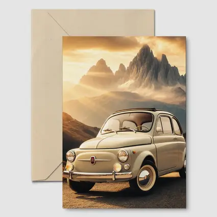 Vintage Fiat 500 on Mountain Road Sunset