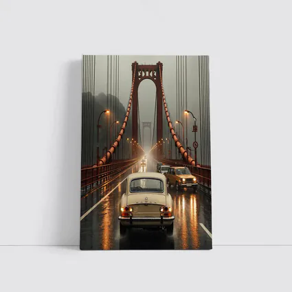 Vintage Honda On Rainy Suspension Bridge