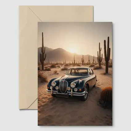 Vintage Jaguar Mark II Desert Sunset Scene