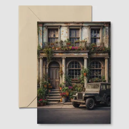 Vintage Jeep Parked Outside Weathered Classic Building