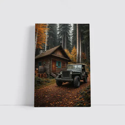 Vintage Jeep Parked By Forest Log Cabin