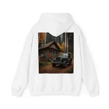 Vintage Jeep Parked By Forest Log Cabin