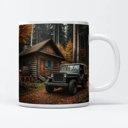 Vintage Jeep Parked By Forest Log Cabin