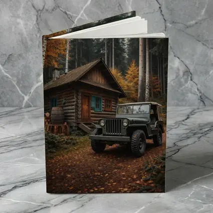 Vintage Jeep Parked By Forest Log Cabin