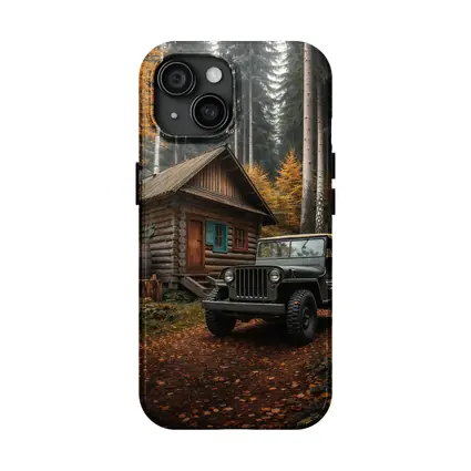 Vintage Jeep Parked By Forest Log Cabin
