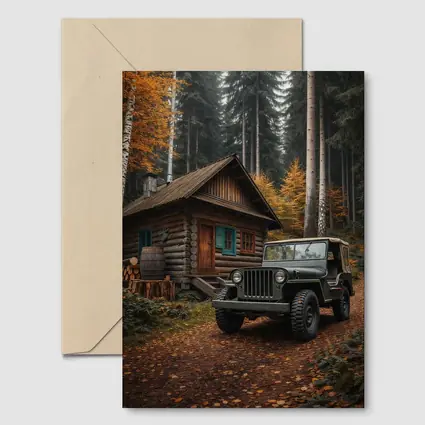 Vintage Jeep Parked By Forest Log Cabin
