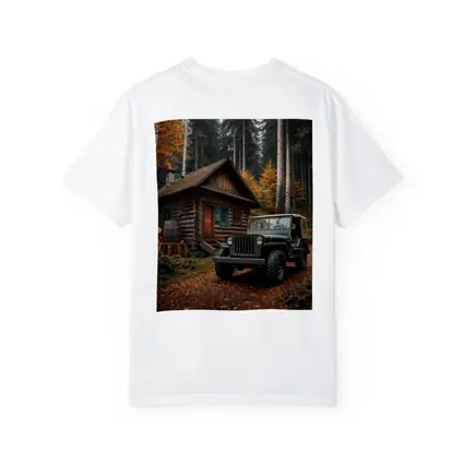 Vintage Jeep Parked By Forest Log Cabin