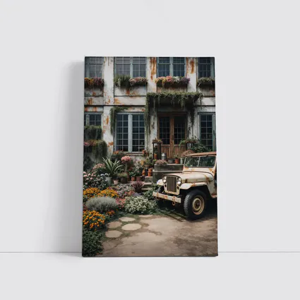 Vintage Jeep Beside Overgrown Floral Building