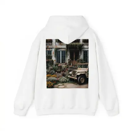 Vintage Jeep Beside Overgrown Floral Building