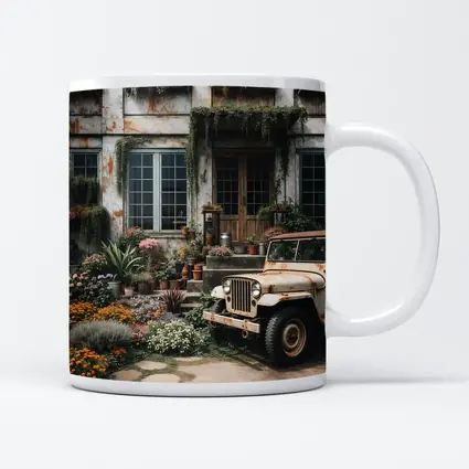 Vintage Jeep Beside Overgrown Floral Building