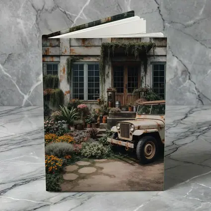 Vintage Jeep Beside Overgrown Floral Building