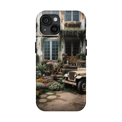 Vintage Jeep Beside Overgrown Floral Building