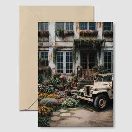 Vintage Jeep Beside Overgrown Floral Building