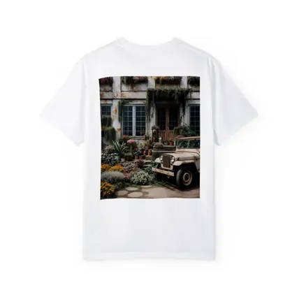 Vintage Jeep Beside Overgrown Floral Building