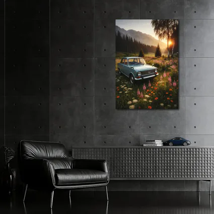 Vintage Kia Classic Car Mountain Meadow Sunset