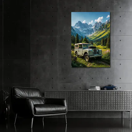 Vintage Land Rover Alpine Meadow Mountain Scene