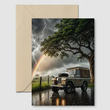 Land Rover Defender Storm Lightning Rainbow Scene