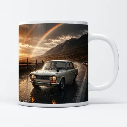 Vintage Mazda Sedan Rain Rainbow Mountain Road