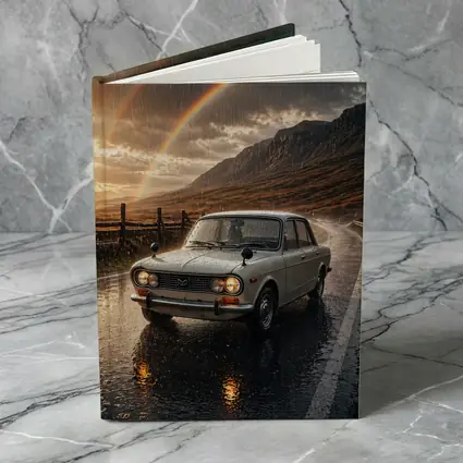Vintage Mazda Sedan Rain Rainbow Mountain Road