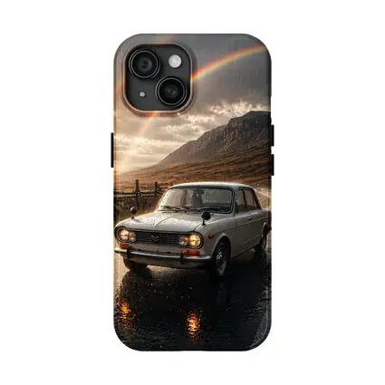 Vintage Mazda Sedan Rain Rainbow Mountain Road