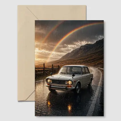 Vintage Mazda Sedan Rain Rainbow Mountain Road