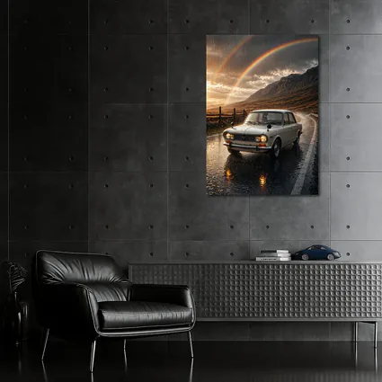 Vintage Mazda Sedan Rain Rainbow Mountain Road