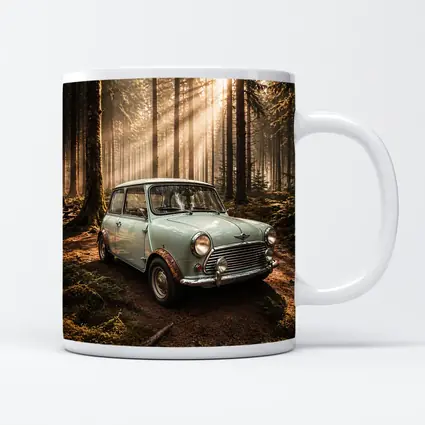 Classic Mini Cooper Car In Sunlit Forest