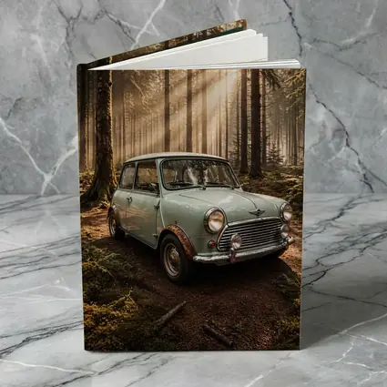 Classic Mini Cooper Car In Sunlit Forest