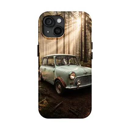 Classic Mini Cooper Car In Sunlit Forest