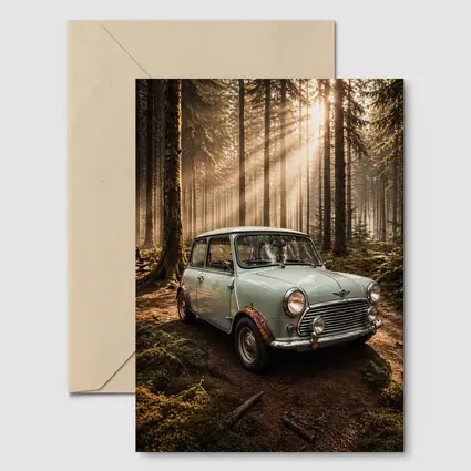 Classic Mini Cooper Car In Sunlit Forest
