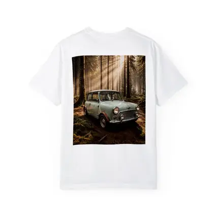 Classic Mini Cooper Car In Sunlit Forest