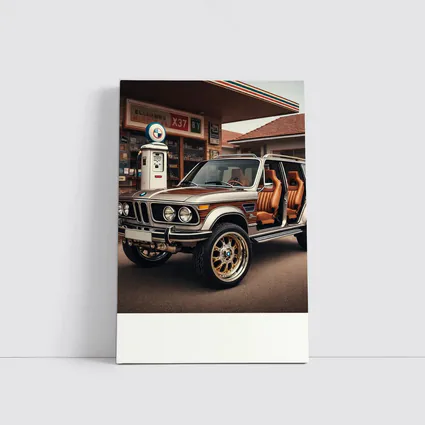 Vintage BMW SUV at Retro Gas Station
