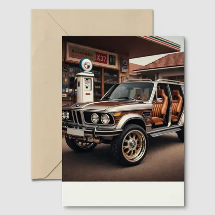 Vintage BMW SUV at Retro Gas Station