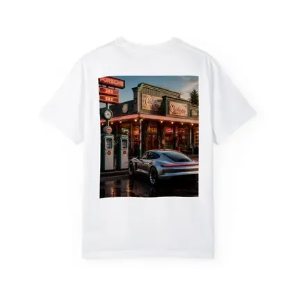 Porsche Taycan At Retro Gas Station Dusk
