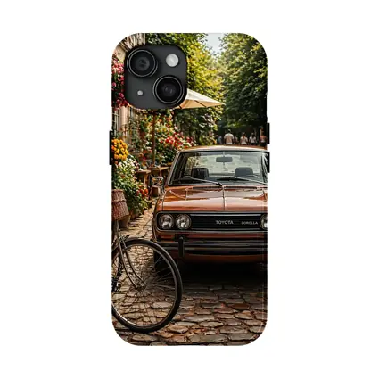 Vintage Toyota Corolla Parked on Cobblestone Street