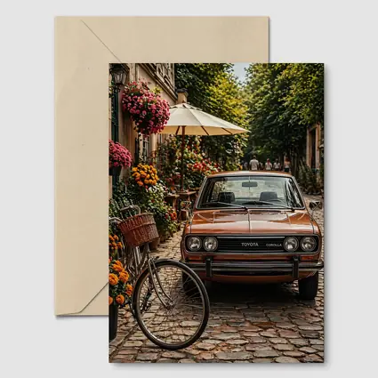 Vintage Toyota Corolla Parked on Cobblestone Street