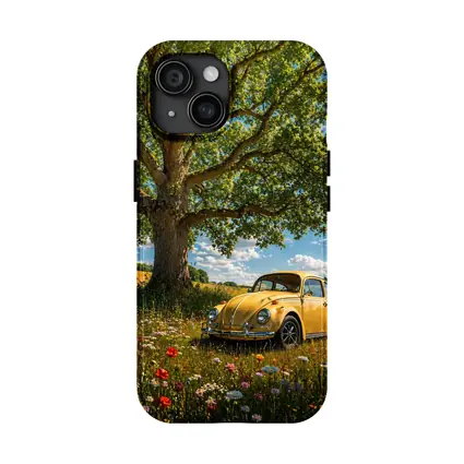 Yellow Volkswagen Beetle Wildflower Field Summer